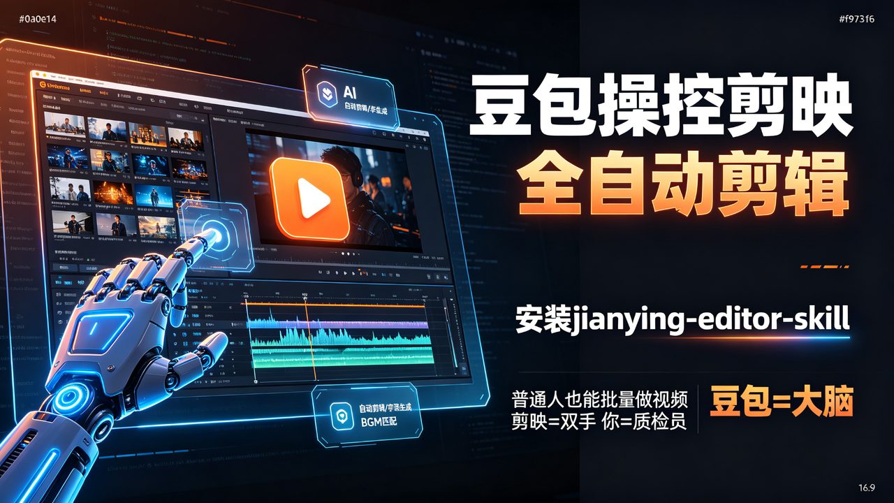 豆包全自动操控剪映剪辑：安装jianying-editor-skill，普通人也能批量做视频